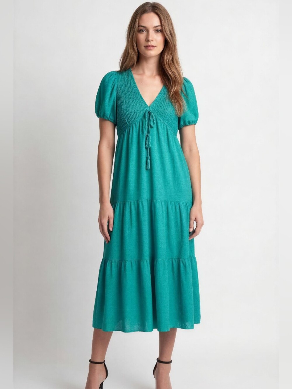 TAYLOR PETITE Teal Puff-Sleeve Tiered Midi Dress SIZE 6P